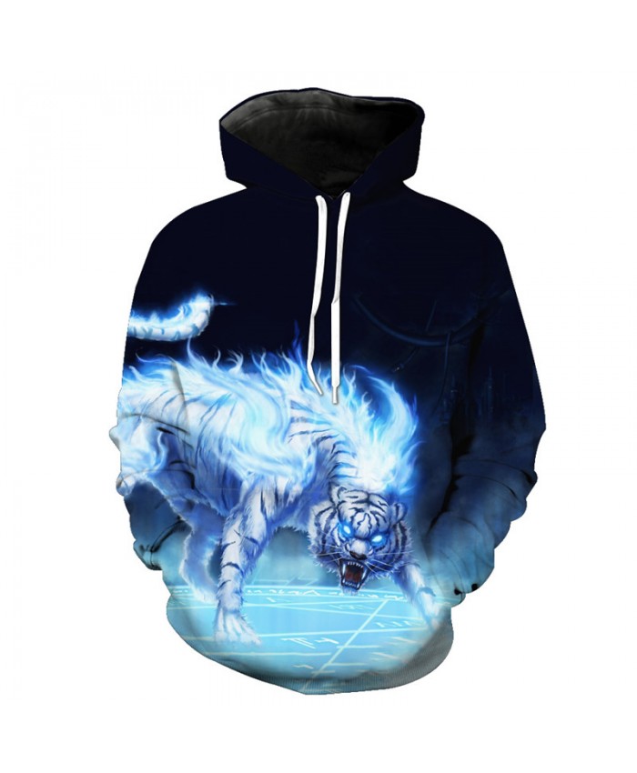 Anime Blue Flame White Tiger Fashion Hooded Sweatshirt Casual Hoodie Autumn Tracksuit Pullover Hooded Sweatshirt