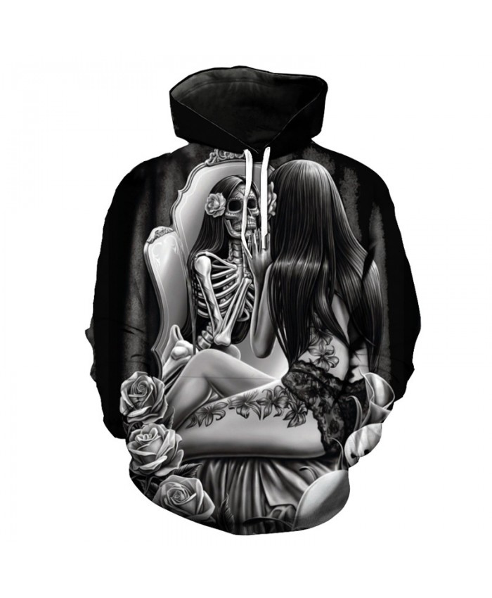 Beauty Mirror Skull Printed Hooded Sweatshirt Cool Funny Pullover Tracksuit Pullover Hooded Sweatshirt