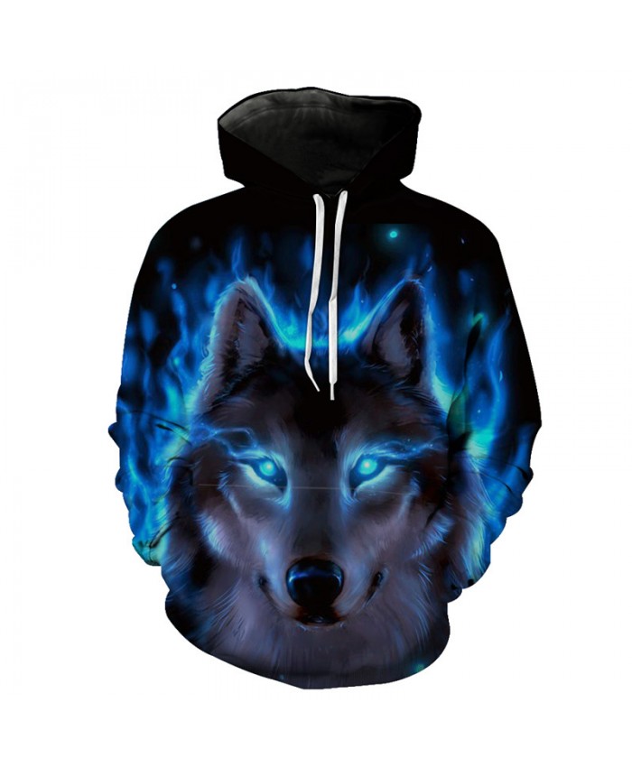 Blue Flame Wolf Hooded Sweatshirt Neutral Hoodies Tracksuit Pullover Hooded Sweatshirt