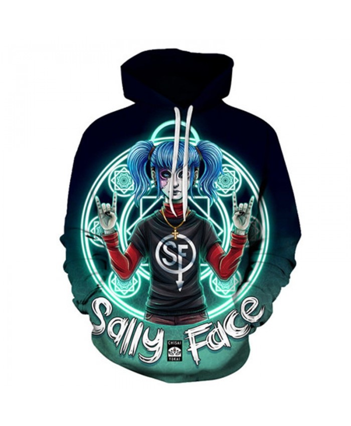 Blue Hair Sally Face 3D Printed Mens Pullover Sweatshirt Clothing for Men Casual Custom Pullover Hoodie Streetwear