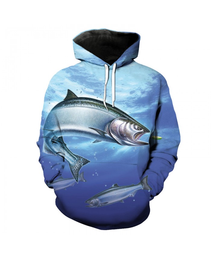 Blue Ocean Fish Print Fashion Hooded Sweatshirt Men Sportswear Men Women Casual Pullover Sportswear