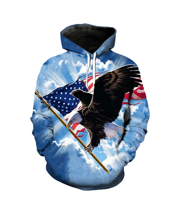 Blue Sky Flying Scratching Flag Eagle Print Funny Hooded Sweatshirts Pullover Casual Hoodie Autumn Tracksuit Pullover Hooded Sweatshirt