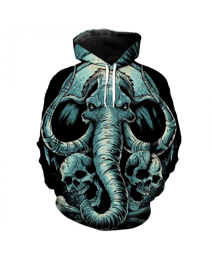 Casual Green Sweatshirt 3D Elephant Skull Print Fashion Men Women Hooded Pullover