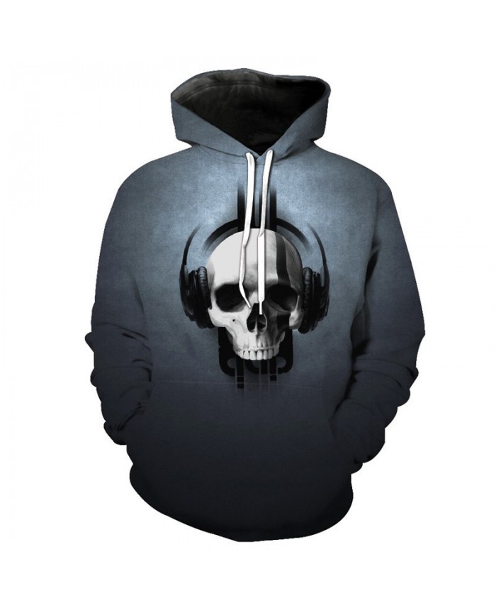 Casual Grey Hoodie Music Headphone Skull Print Men's Hooded Pullover Tracksuit Pullover Hooded Sweatshirt
