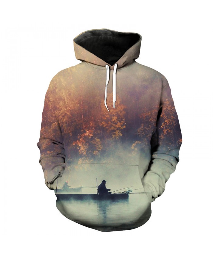 Casual Hooded Sweatshirt Maple Lake Fishing Print Fun Hoodie Men Women Casual Pullover Sportswear