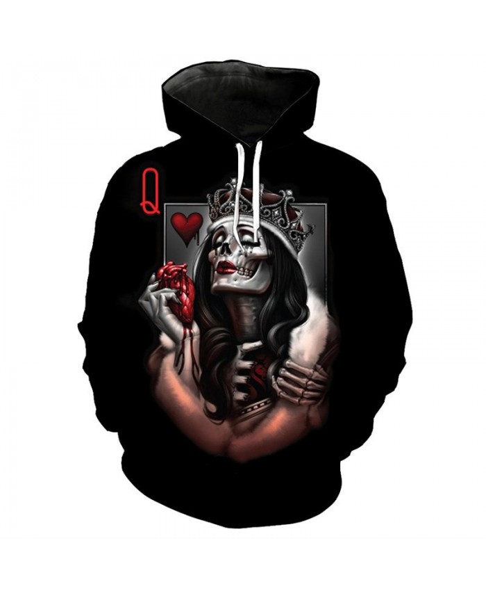 Casual Streetwear Skull Queen Fun Poker Print Fashion Hoodie Sweatshirt  Tracksuit Pullover Hooded Sweatshirt