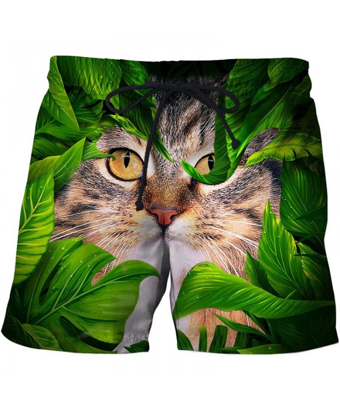 Cat In The Leaves 3D Print Men Shorts Casual Cool Elastic Waist Men Stone Printed Beach Shorts Male Fitness Shorts