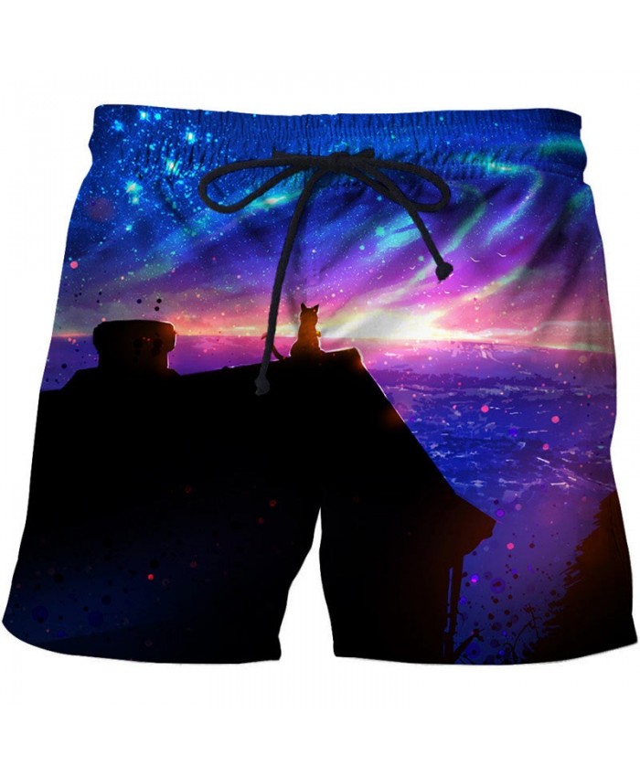 Cat Watching The Stars 3D Printed Men Board Short Elastic Waist Beach Short Summer Male Clothing Short Trousers