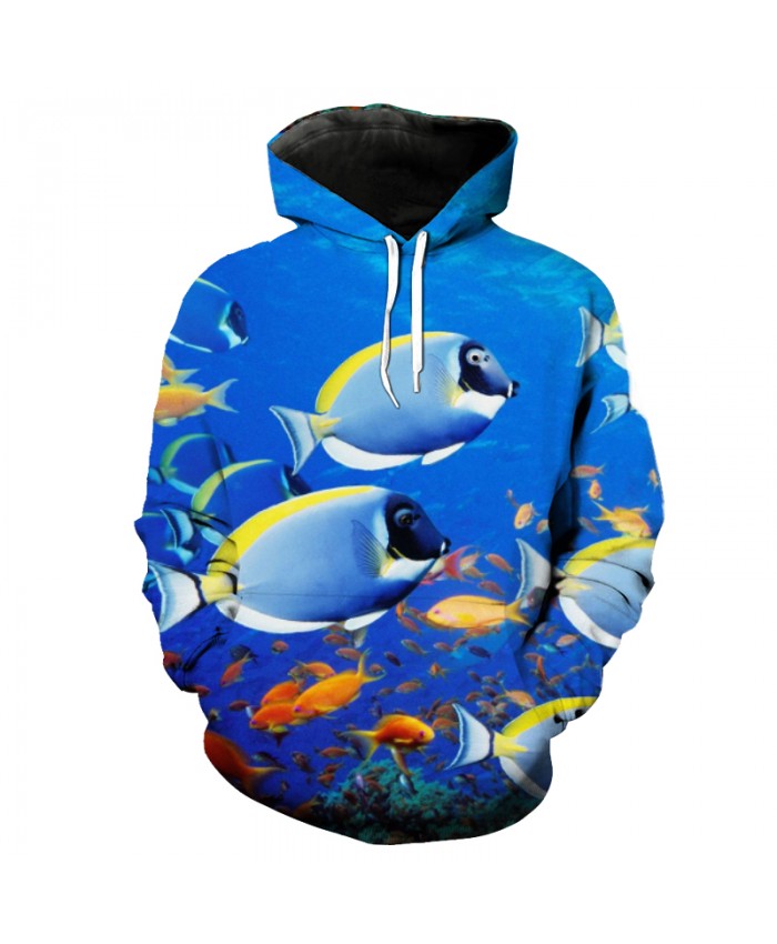 Colorful Coral Fish Print Fashion Blue Hooded Pullover Casual Sweatshirt Men Women Casual Pullover Sportswear