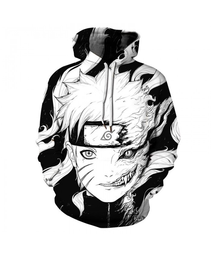 Cool cartoon swirl Naruto print fashion black and white hooded sweatshirt streetwear