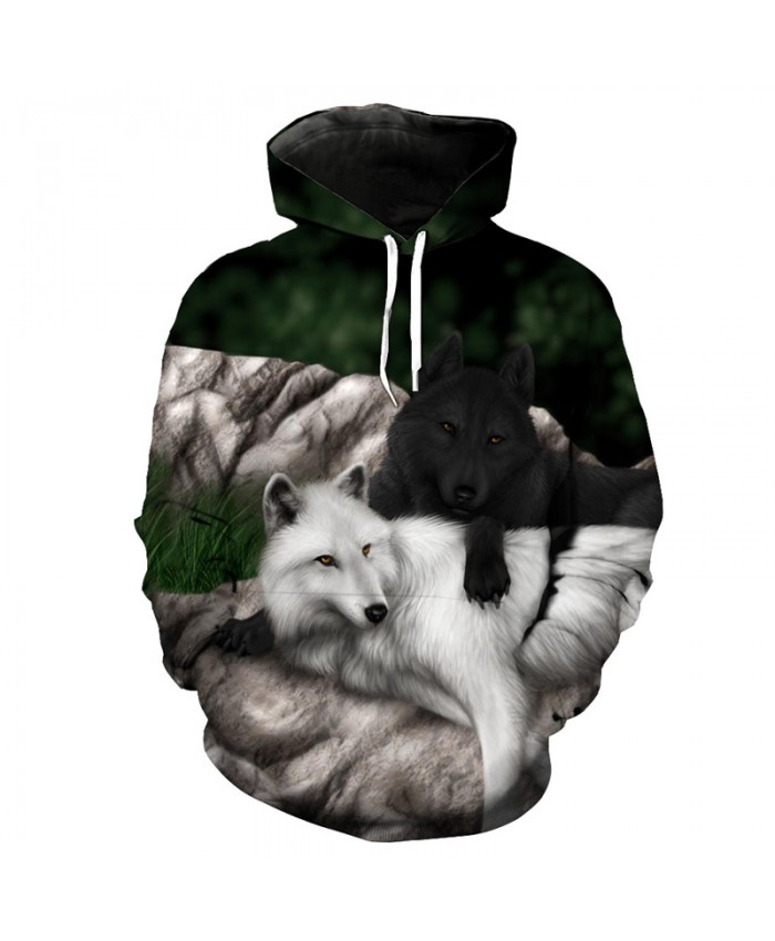 Couples Black and White Wolf Print Fun Hoodie Sweatshirt Men Women Casual Pullover Sportswear