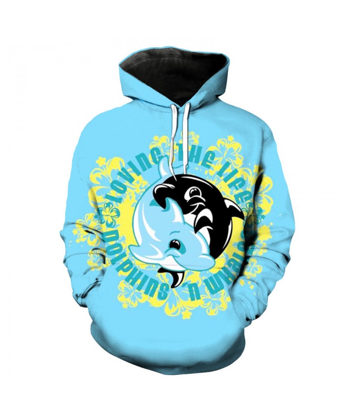 Cute Rotary Dolphin Print Fish Style Fashion Hooded Sweatshirt Men Women Casual Pullover Sportswear