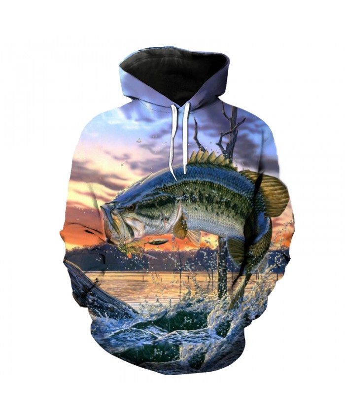 Dusk River Flying Fish Print Fashion Fun Hooded Pullover sportswear Men Women Casual Pullover Sportswear