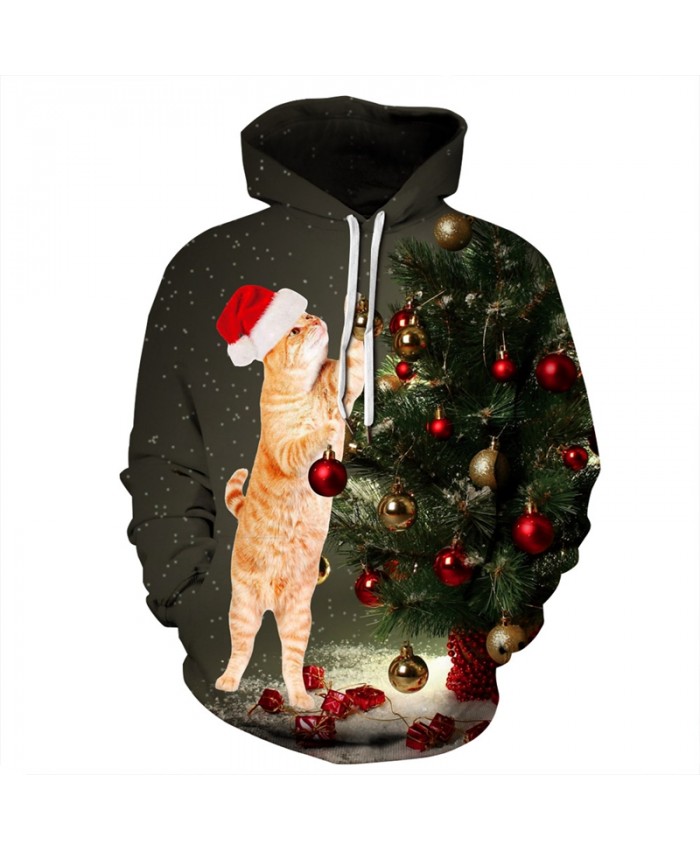 EU Size Christmas Tree Cute Cat Hoodie Hoodies Men Women Pullover Hoody Tops Tracksuit All Over Printed 3D Hooded Sweatshirts