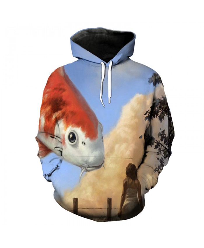 Fairy blue sky flying goldfish print fun hooded sweatshirt pullover Men Women Casual Pullover Sportswear