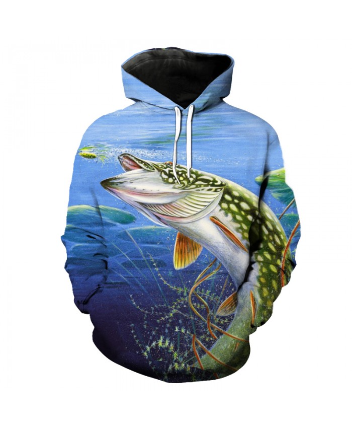 Fashion Blue Hooded Sweatshirt Fish Print Fun Pullover Sportswear Men Women Casual Pullover Sportswear