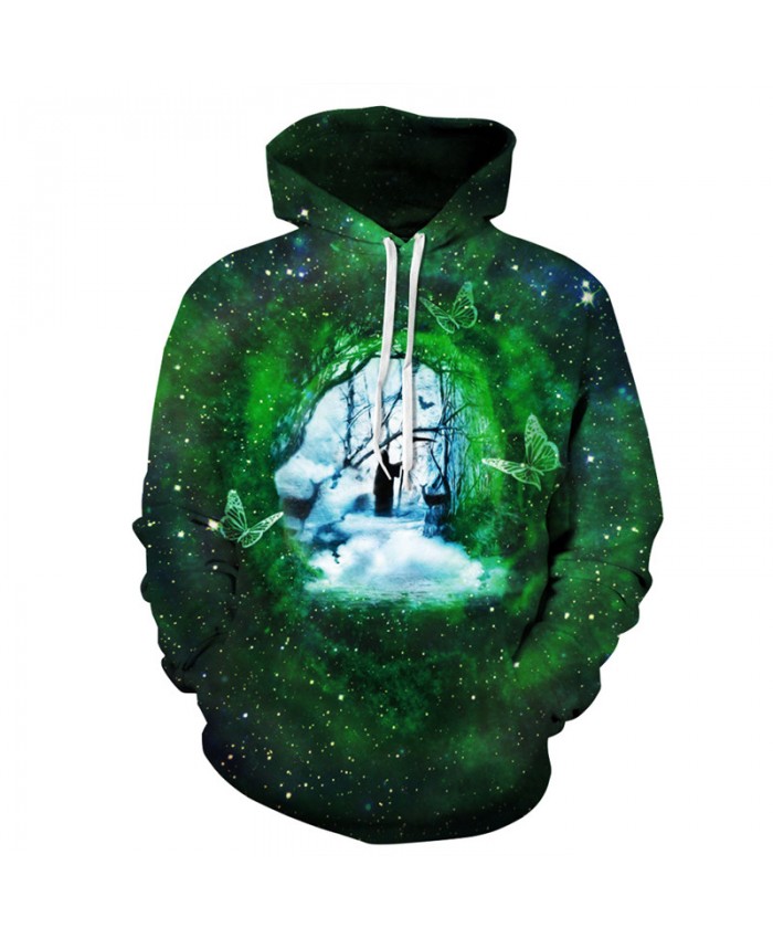 Fashion Men Women Hooded Sweatshirt Time and Space Gate Green Galaxy Butterfly Print Men Women Sportwear