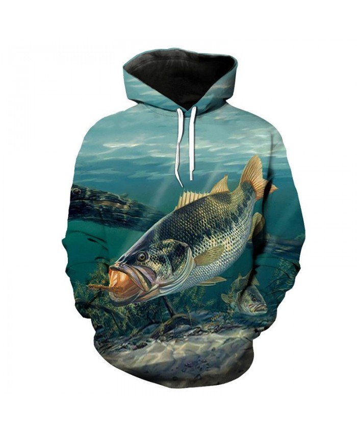 Fashion Sportswear Blue Lake Fish Print Casual Hooded Sweatshirts Men Women Casual Pullover Sportswear