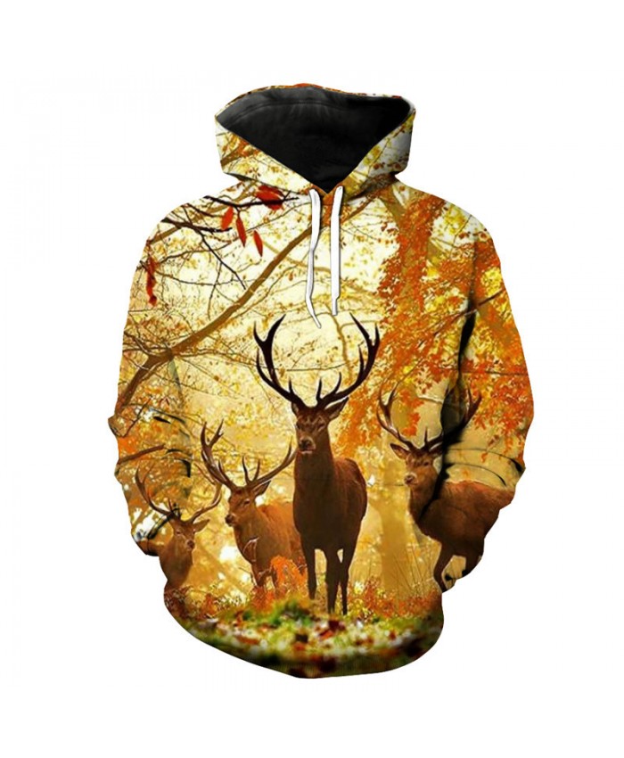 Fashion orange hoodie forest deer print 3D hooded pullover Sweatshirt Women Men Sportwear