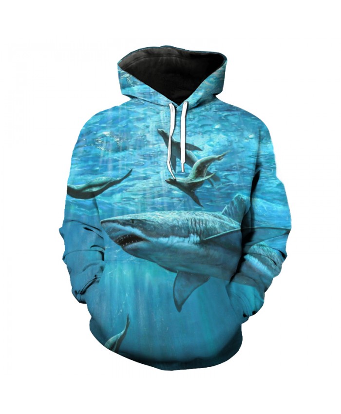Fish Series Blue Casual Pullover Shark Seal Print Fun 3D Hooded Sweatshirt Men Women Casual Pullover Sportswear