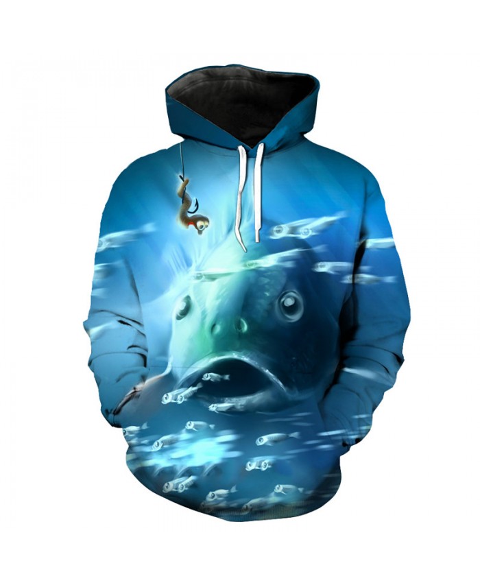 Fish Series Casual Blue Hooded Sweatshirt Fantasy Ocean Fish Print Fun Sportswear Men Women Casual Pullover Sportswear