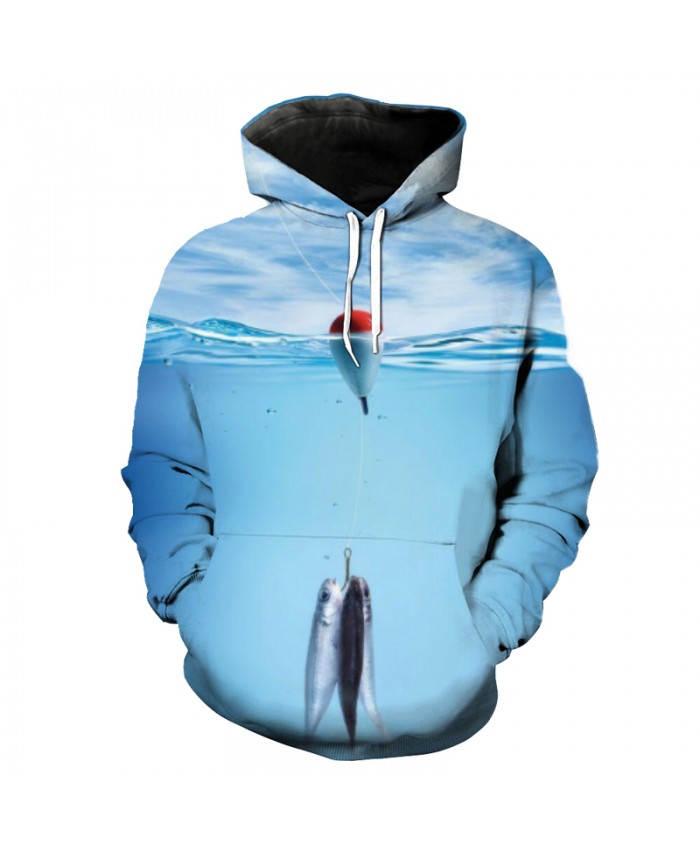 Fish Series Float Ball Small Fish Print Casual Blue Hooded Sweatshirt Men Women Casual Pullover Sportswear