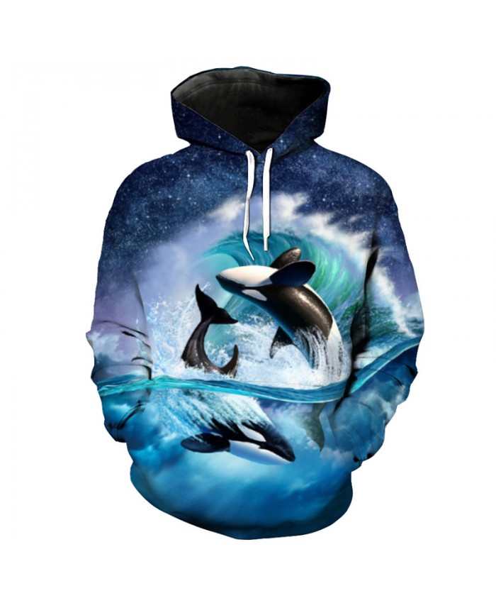 Fish Style Playful Blue Whale Print Fashion Hooded Sweatshirt Cool Sportswear Men Women Casual Pullover Sportswear