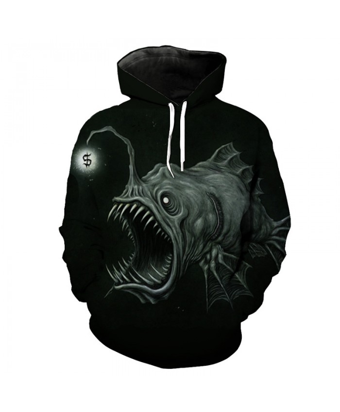 Fish series black hooded sweatshirt lantern fish print casual pullover Men Women Casual Pullover Sportswear