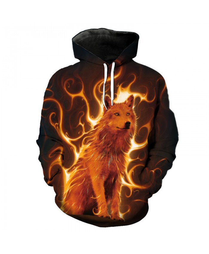 Flame Wolf Print Fashion Hooded Sweatshirt New Arrive Men Pullover Tracksuit Pullover Hooded Sweatshirt