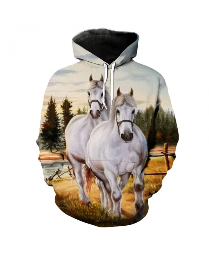Forest White Horse Printing Fashion Hooded Sweatshirt Casual Hoodie Autumn Tracksuit Pullover Hooded Sweatshirt