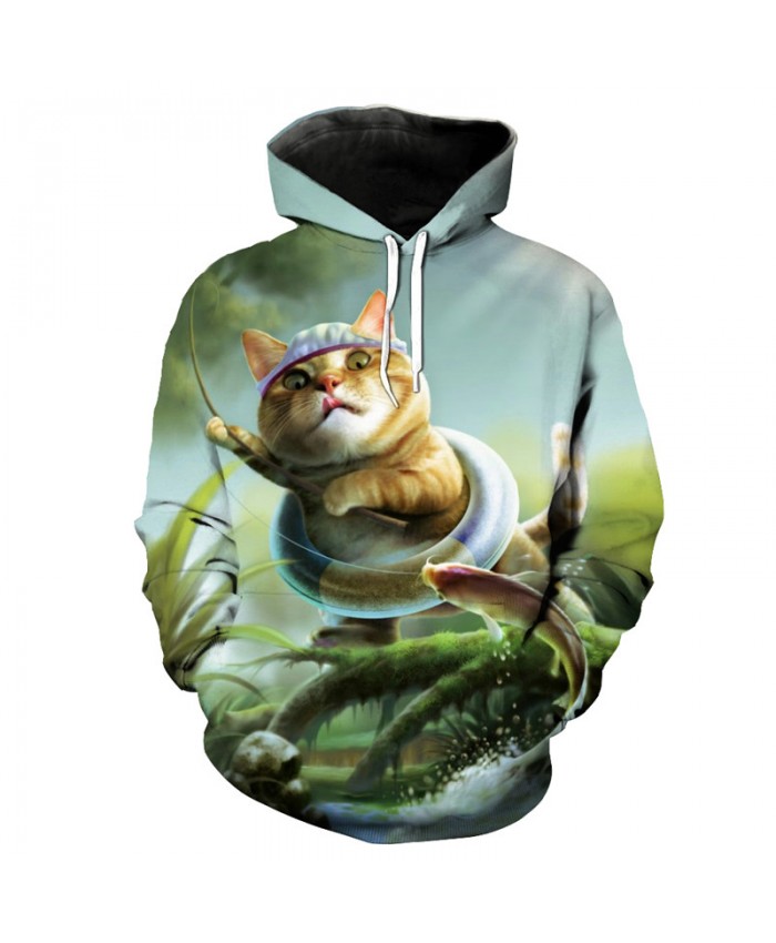 Fun Cat Catching Fish 3D Printing Fashion Hooded Sweatshirt Casual Pullover Men Women Casual Pullover Sportswear