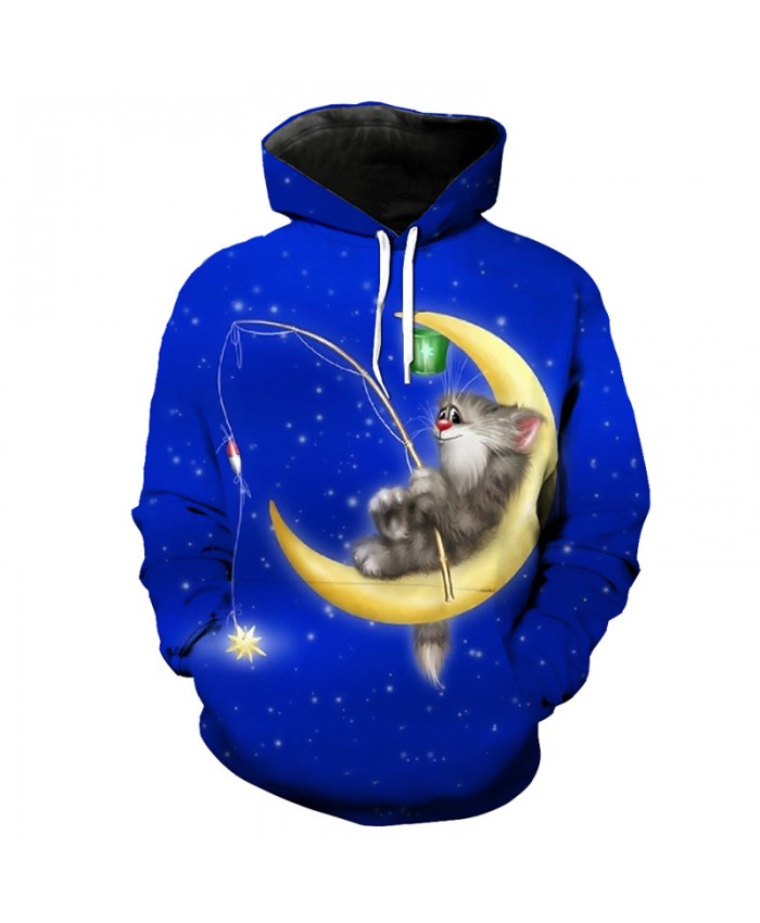 Fun Moon Cat Fish Print 3D Hooded Sweatshirt Men Women Casual Pullover Sportswear