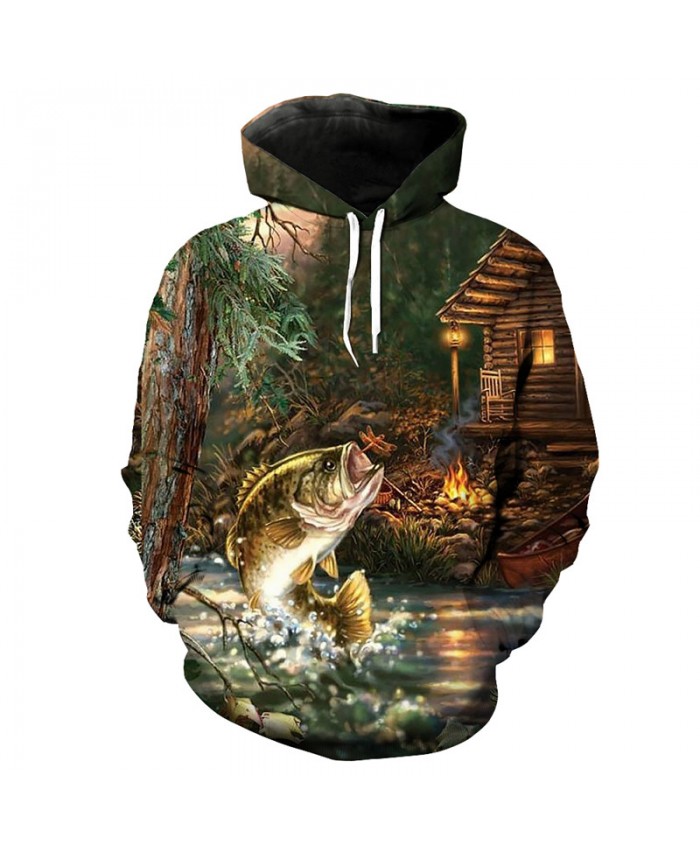 Fun forest flying fish print fashion hooded pullover casual sweatshirt Men Women Casual Pullover Sportswear