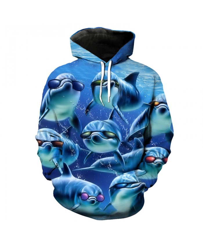 Fun many Sunglasses Dolphin Print Fashion 3d Hooded Sweatshirt Pullover Men Women Casual Pullover Sportswear