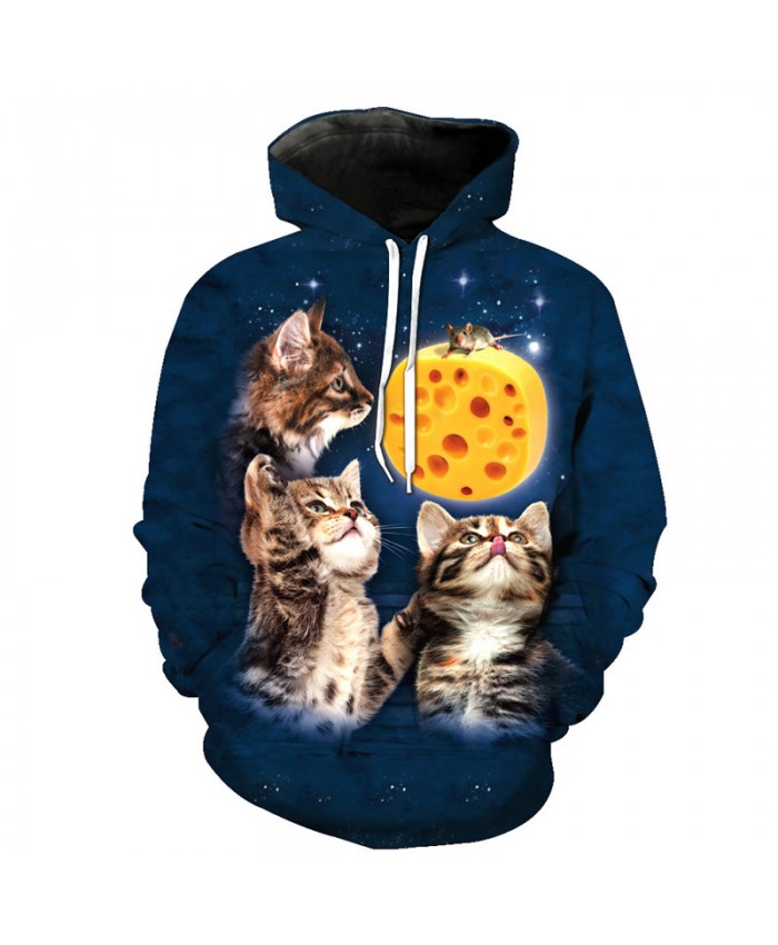 Funny Printed Desperate Mouse 3 Cats Casual Pullover Casual Hoodie Autumn Tracksuit Pullover Hooded Sweatshirt