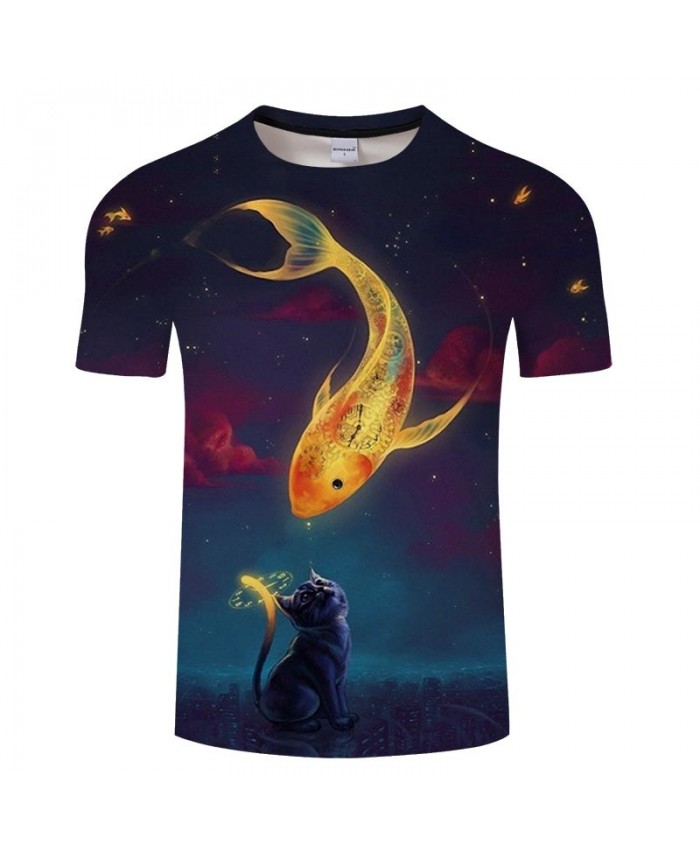 Goldfish On Cat Head 3D Print Men tshirt Crossfit Shirt Casual Summer Short Sleeve Men Brand T Shirt Men Round Neck