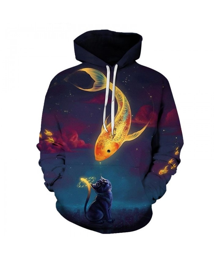 Goldfish On Cat Head 3D Printed Mens Pullover Sweatshirt Pullover Casual Hoodie Men Streetwear Sweatshirt Hoodie