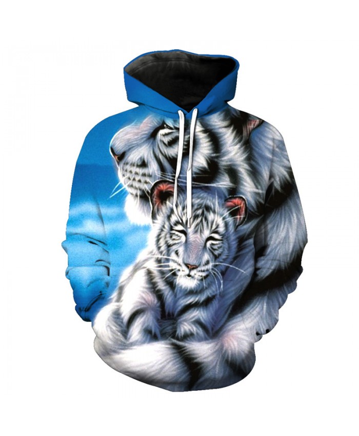 Great Love Size White Tiger Print Hooded Sweatshirt Autumn Pullover Casual Hoodie Autumn Tracksuit Pullover Hooded Sweatshirt