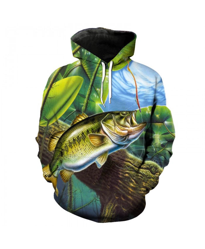 Green Lotus Pond Eating Hook Fish Print Casual Hooded Sweatshirs Fun Pullover Men Women Casual Pullover Sportswear
