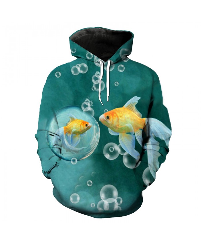 Green casual pullover fun bubble goldfish print fashion hooded sweatshirt Men Women Casual Pullover Sportswear