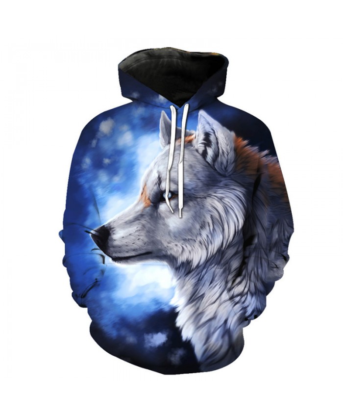 Grey Wolf Print Blue Hoodie Pullover Cool Hooded Sweatshirts Men Women Casual Pullover Sportswear