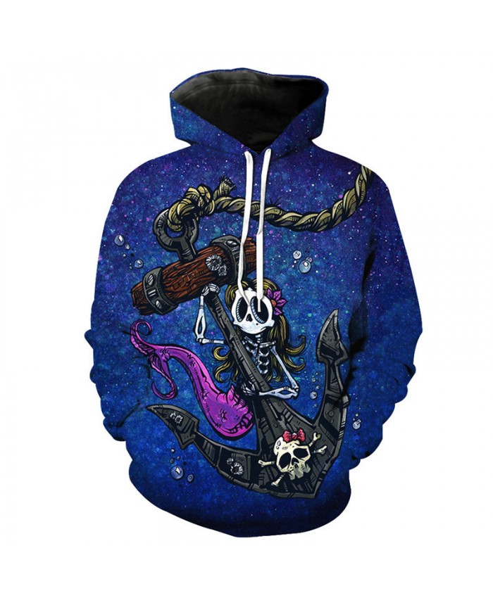 Maritime Skeleton Mermaid Pirate Anchor Hooded Sweatshirt Casual Pullover