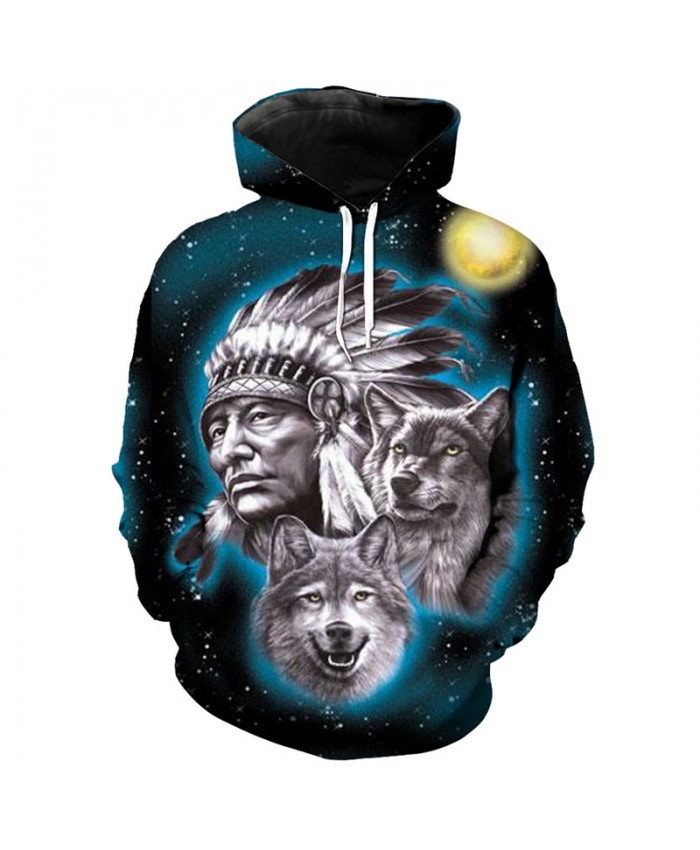 Men Women 3D Hoodie Starry Native American Wolf Print Fashion Sweatshirt Pullover