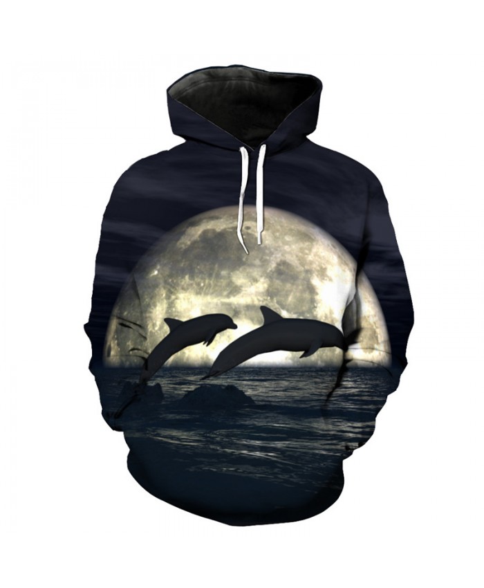 Moon Jumping Dolphin Print Fashion Casual Hoodie Sweatshirt Sportswear Men Women Casual Pullover Sportswear