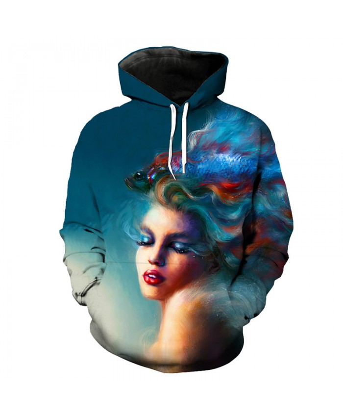 Oil painting beauty fish print fun 3d hooded sportswear fashion sweatshirt pullover Men Women Casual Pullover Sportswear