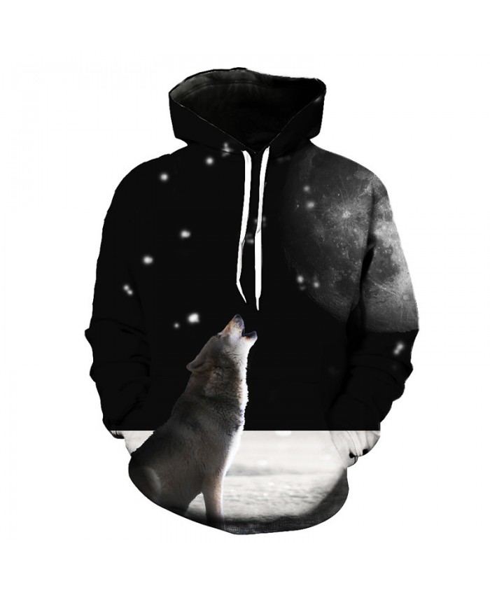 Planet Howling Wolf Print Neutral Hooded Sweatshirt Men Women Casual Pullover Sportswear
