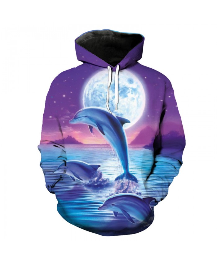 Purple Sky Jumping Dolphin Print Fashion Hooded Pullover Unisex Sportswear Men Women Casual Pullover Sportswear