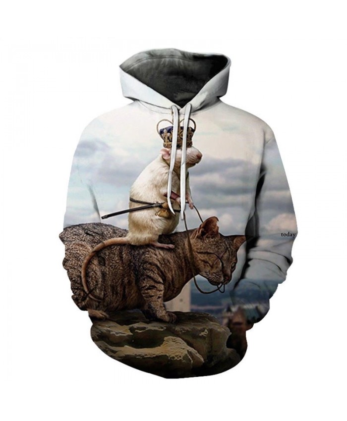 Rat Riding On A Cat 3D Printed Mens Pullover Sweatshirt Pullover Casual Hoodie Men Streetwear Sweatshirt Hoodie 2021