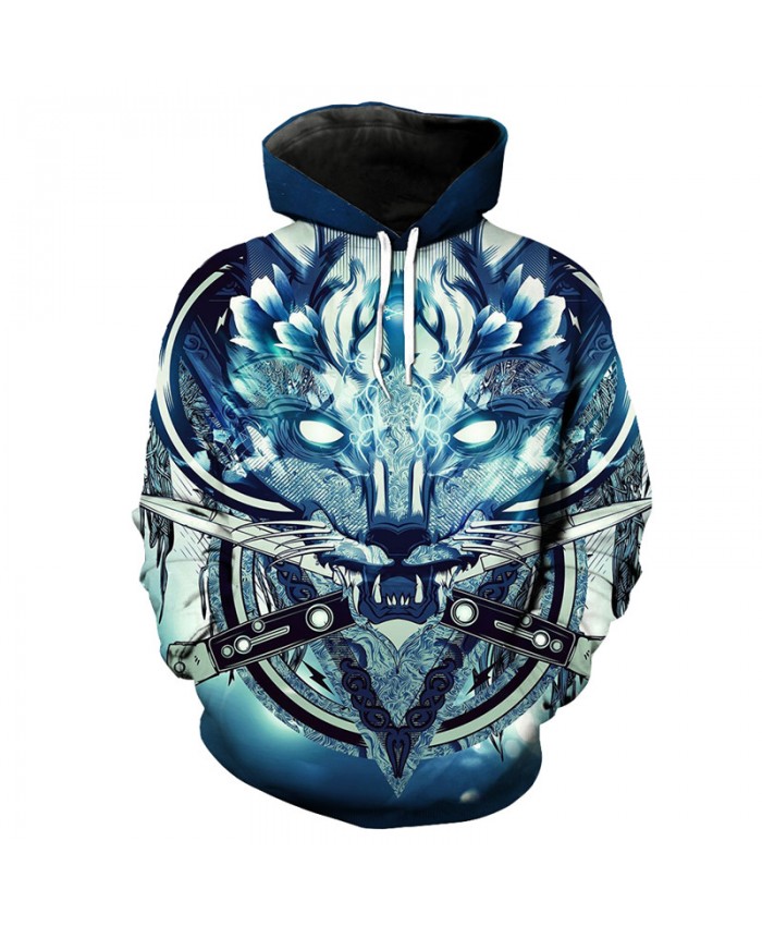 Fashion wolf print 3D blue hooded sweatshirt hip hop pullover ...