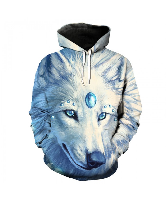 Sapphire White Wolf Print Casual Men Women Hooded Sweatshirt Men Women Casual Pullover Sportswear